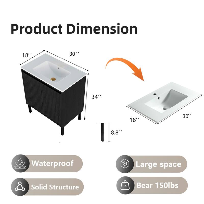 GDFStudio - Ari Modern Aesthetic Freestanding Bathroom Vanity with Ceramic Sink, Soft Close Drawers & Large Storage Spaces