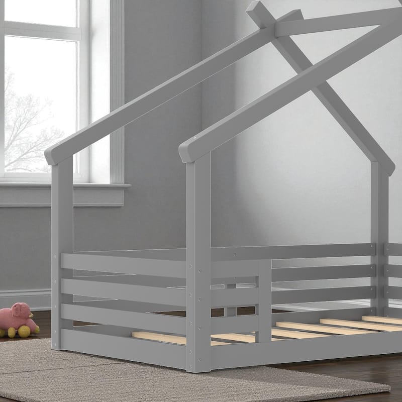 Twin/Full Size Solid Wood House Floor Bed with Window and Shelf, Montessori Low Bed Frame for Kids, No Box Spring Needed