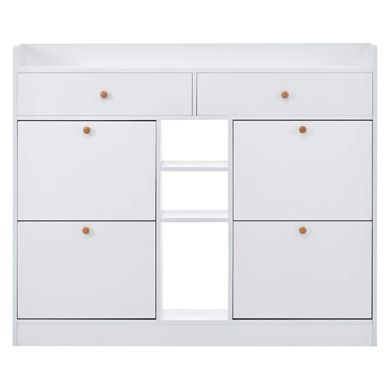 Modern White Two-tier Shoe Cabinet with 4 Flip Drawers - 9.4"W x 47.24"H x 50.7"D
