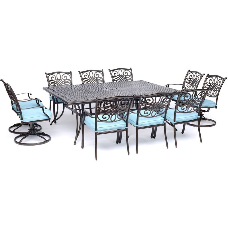 Hanover Traditions 11-Piece Dining Set in Blue with Four Swivel Rockers, Six Dining Chairs, and an Extra-Long Dining Table