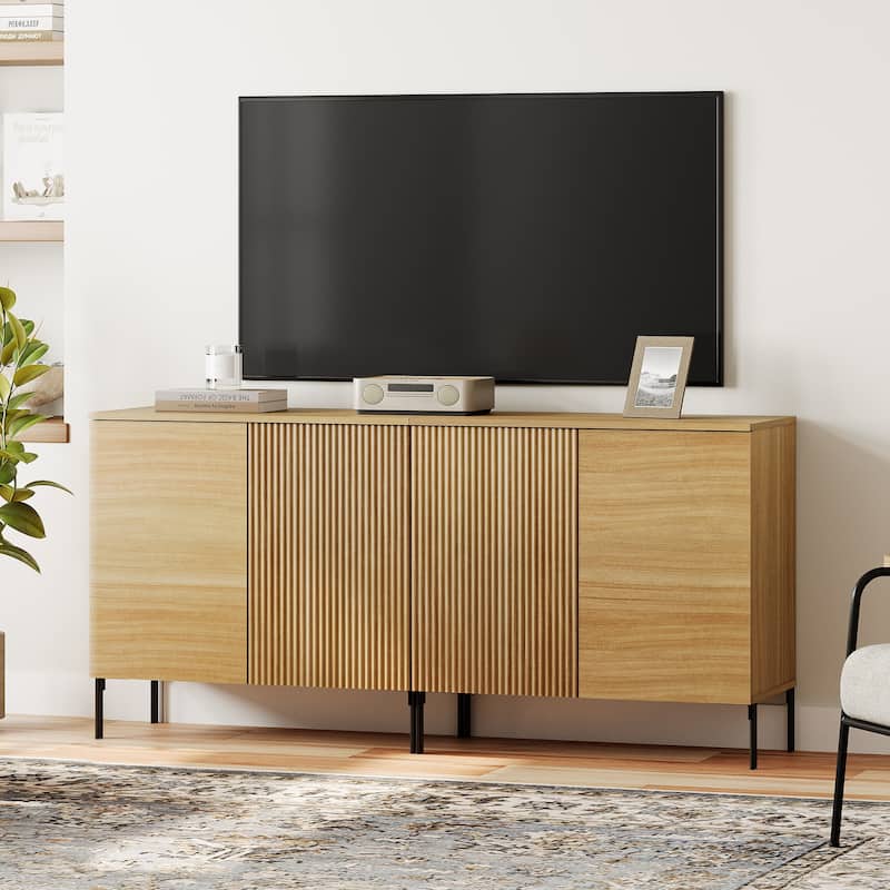 31.5" Modern Reeded TV Stand With Doors, Entertainment Center With Shelf, Wooden TV Console 