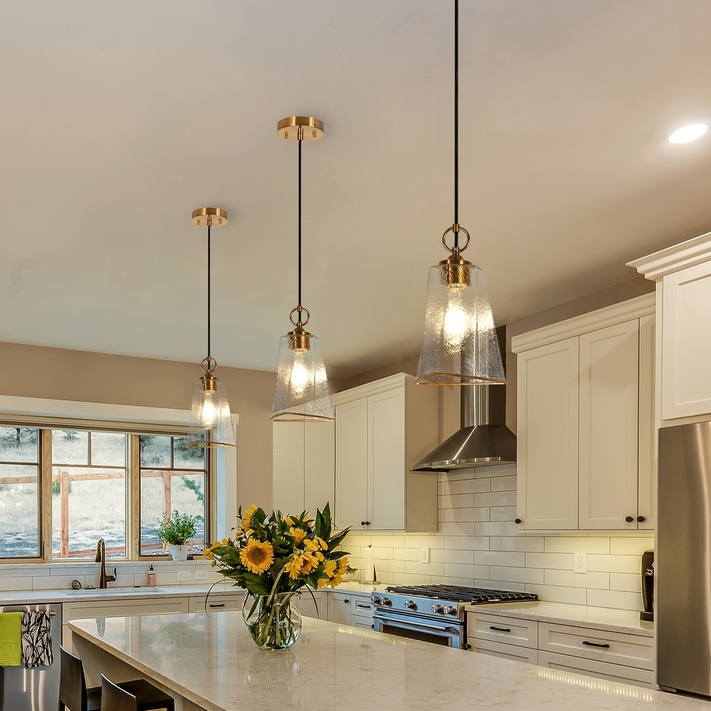 Modern 1 Light Gold Pendant Kitchen Island Bedroom Lights with Textured Glass Shade D6.7 H71.7 Plating Brass