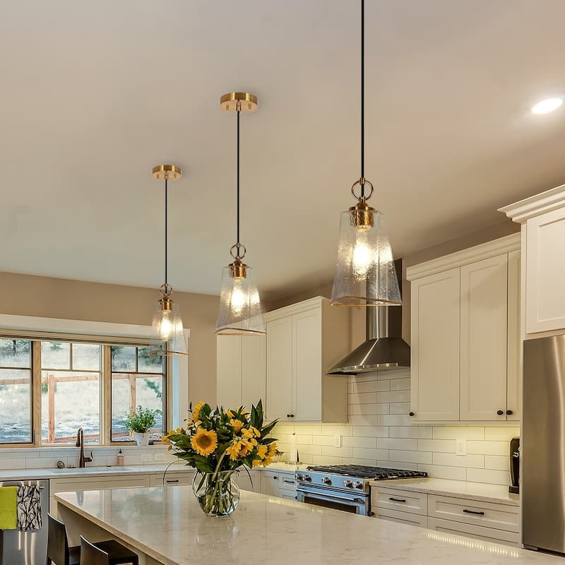 Modern Gold 1-Light Hammered Glass Pendant Light for Kitchen Island Dining Room - D 6.7" x H 71.7"Max