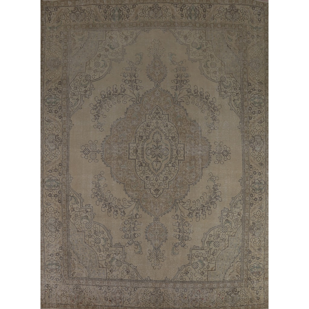 Distressed Tabriz Persian Vintage Rug Handmade Floral Wool Carpet - 9'8" x 12'5"