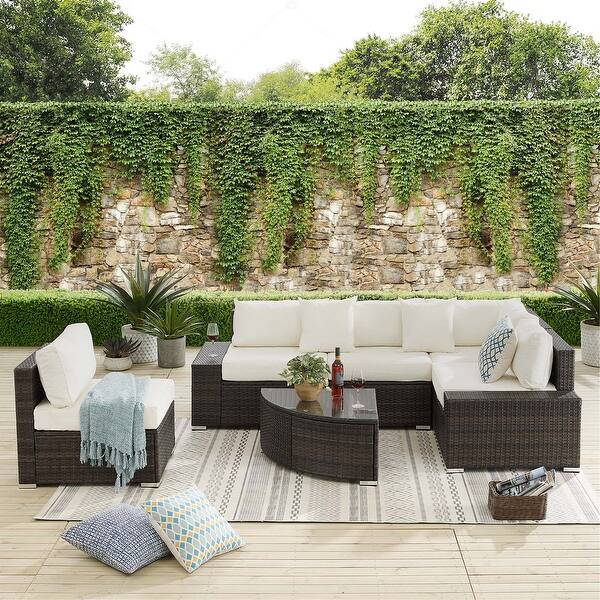 slide 1 of 39, 6 Pieces Outdoor Patio Furniture Sets with Coffee Table and Cushions, Wicker Rattan Sectional Sofa Sets (Brown Base)
