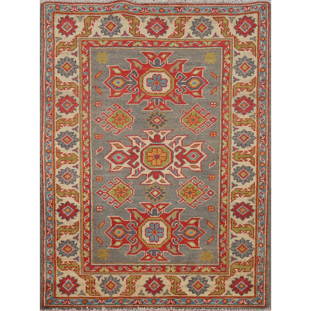 Gray Kazak Foyer Rug Handmade Geometric Wool Carpet - 2'9"x 4'1"