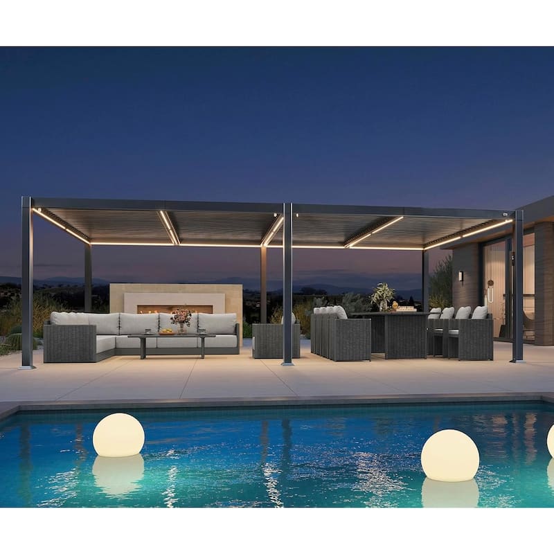 PURPLE LEAF Solar Louvered Pergola with LED String Lights Aluminum Outdoor Pergola with Adjustable Roof for Patio Garden