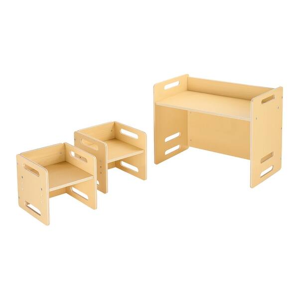 slide 2 of 10, Natural Wood Plywood Montessori Table Set with 2 Chairs & Adjustable Height - 26.2 x 14.2 x 20.5 in