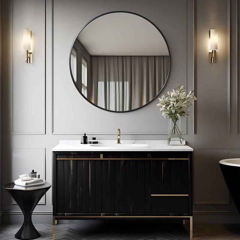 Round Wall Mirror Circle Bathroom Mirror Metal Frame for Bathroom Entryway Bedroom Living Room Wall Mounted Modern Rustic Decor - Black - 42" x 42"