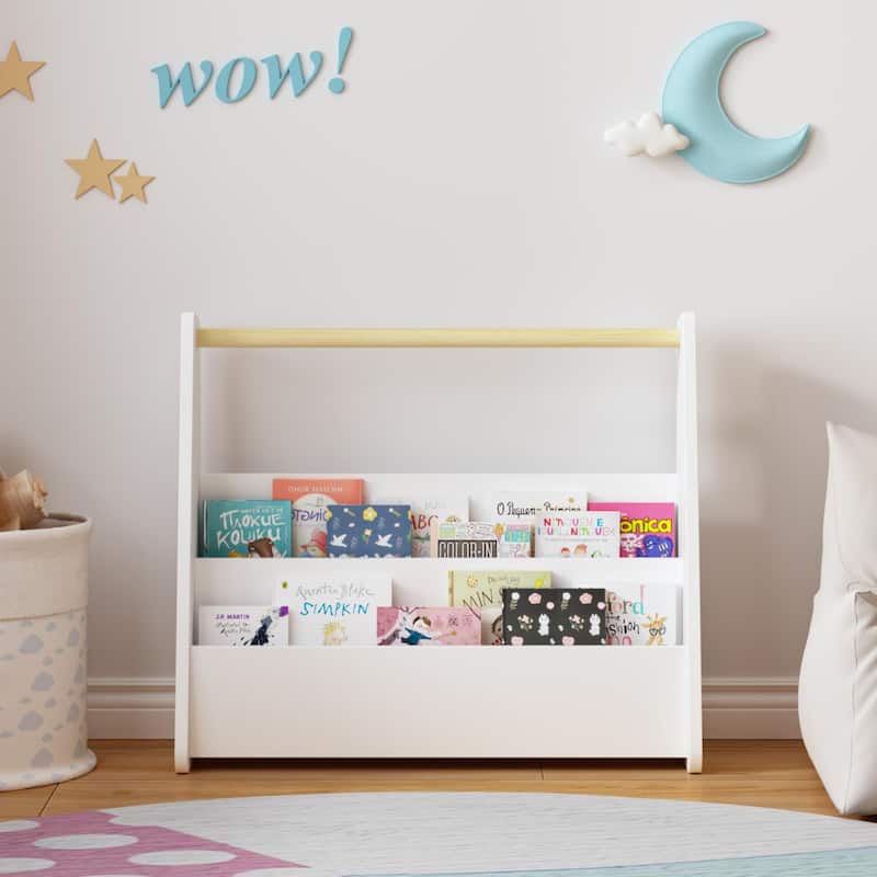 Kids Bookshelf with Wooden Handle, 2-Tier Front-Facing Toddler Bookcase, Portable Children's Book Storage Organizer for Bedroom