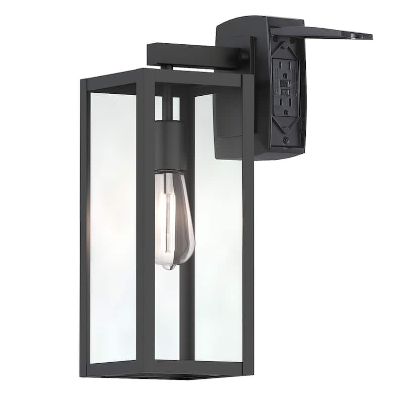1-Light Matte Black Outdoor Wall Lantern Sconce with GFCI Outlet - 17IN