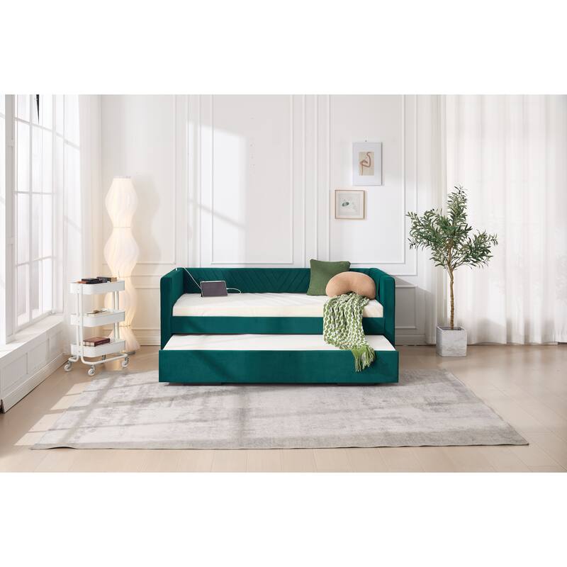Twin Size Velvet Daybed with Trundle, USB Charging Port & Side Pockets, Modern Upholstered Sofa Bed with V-Pattern Backrest