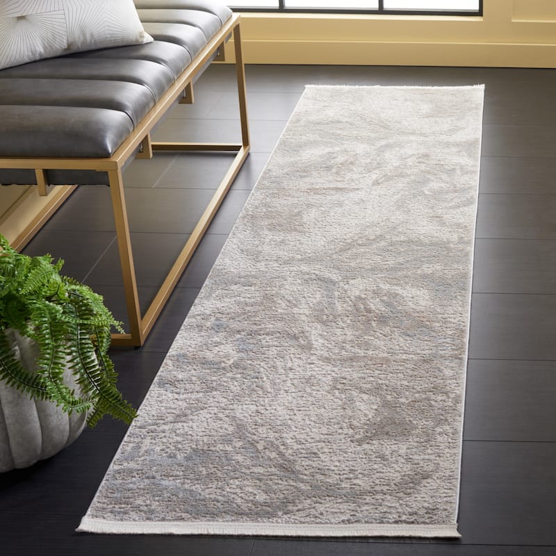 SAFAVIEH Platinum Alexina Modern Abstract Fringe Viscose Rug - 2'2" x 8' Runner - Grey/Ivory Beige