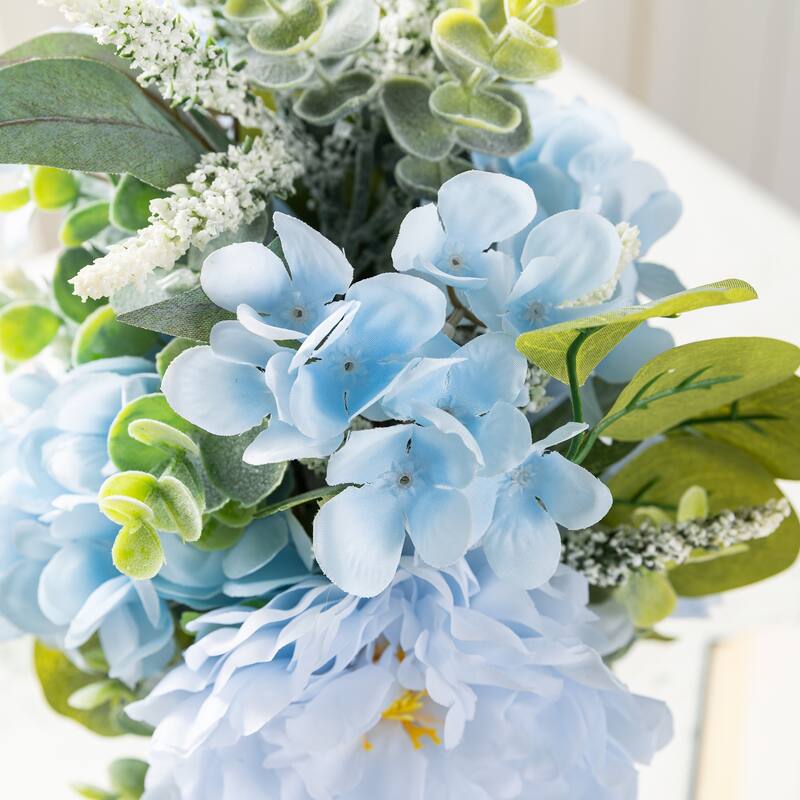 Glitzhome 24"D Blue Peony & Hydrangea Floral Wreath Includes a Complimentary Black Metal Wreath Hanger