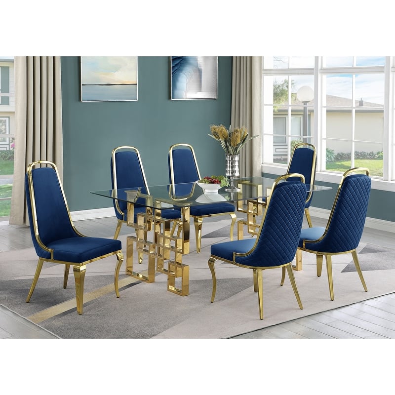 Best Quality Furniture Small Glass Table Dining Sets - 7pcs - Gold Chrome - Navy Blue