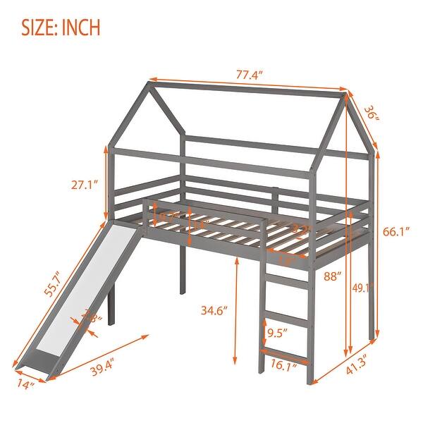 dimension image slide 0 of 2, Twin Loft Bed With Slide, House Bed With Slide,Gray