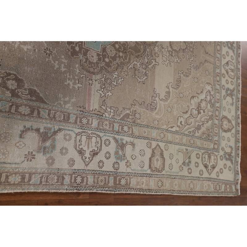 Distressed Beige Tabriz Persian Vintage Rug Handmade Wool Carpet - 6'5"x 9'7"