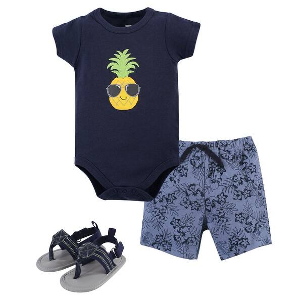 slide 1 of 1, Hudson Baby Infant Boy Cotton Bodysuit, Shorts and Shoe 3pc Set, Pineapple 0-3 Months - Pineapple