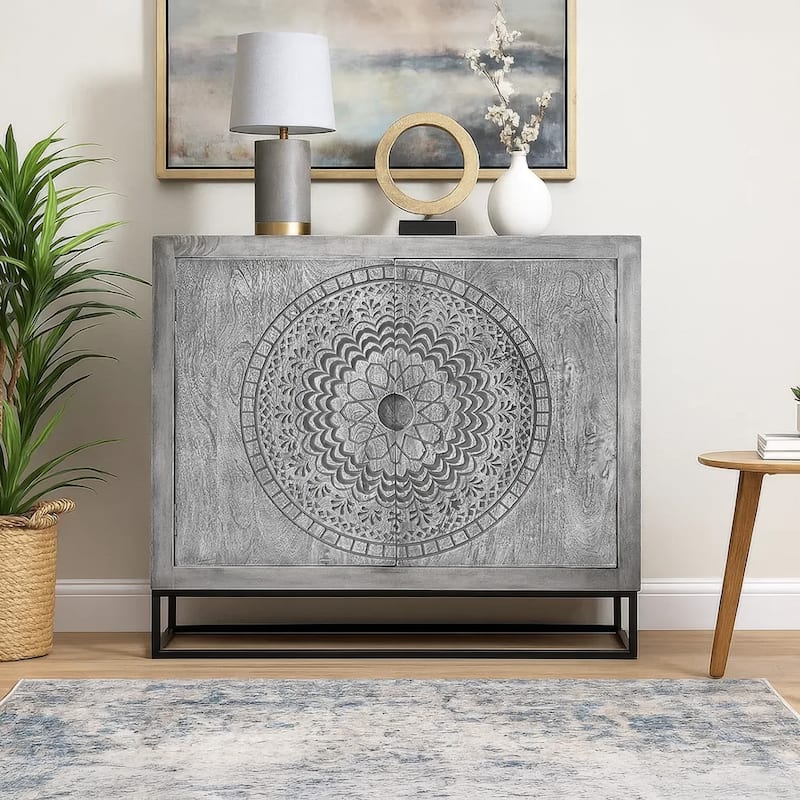 Zera 39 Inch Handcrafted Accent Cabinet with 2 Doors, Medallion Engraved, Sandblasted Gray Mango Wood, Black Iron Framed Stand
