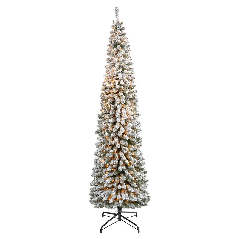 8' Flocked Pencil Christmas Tree with 500 Clear Lights - Green