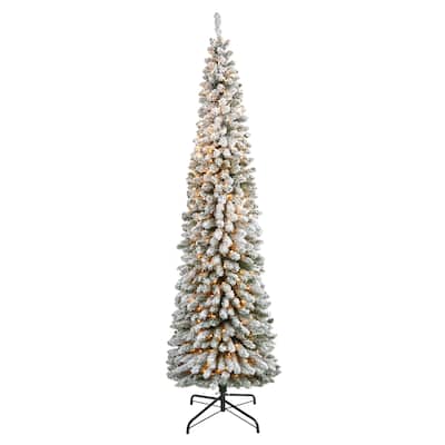 8' Flocked Pencil Christmas Tree with 500 Clear Lights - Green