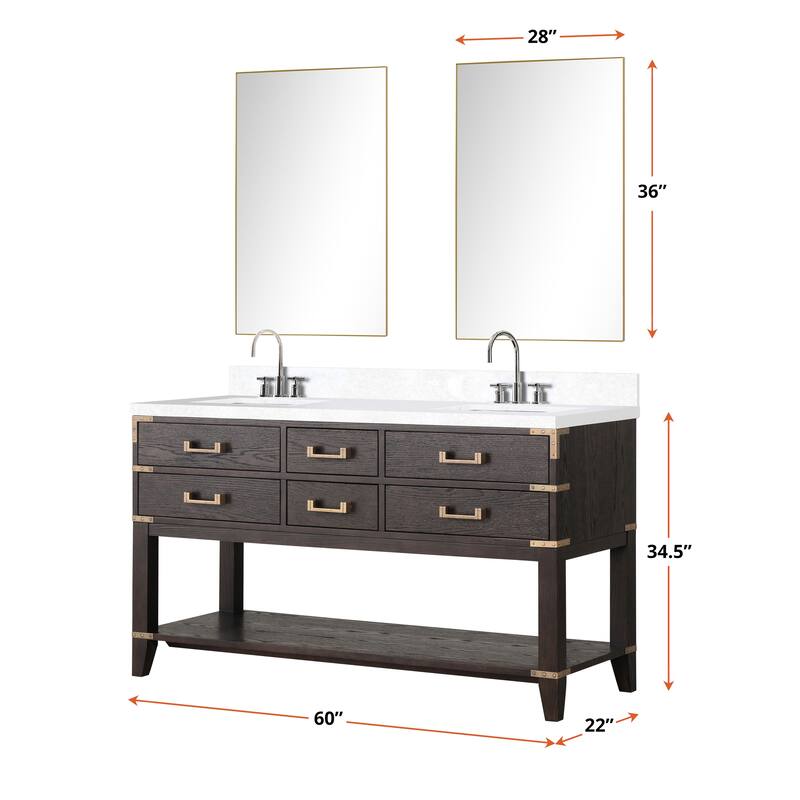 Norwalk 60 in W x 22 in D Black Oak Double Bath Vanity, Cultured Marble Top, Faucet Set, and 28 in Mirrors