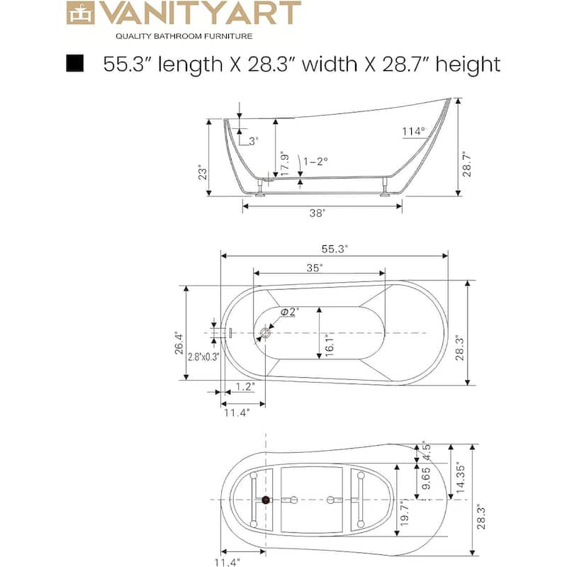 Vanity Art 55" Acrylic Freestanding Soaking Bathtub