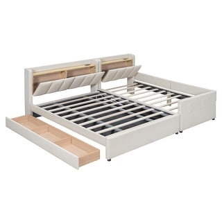 Upholstered Mother & Child Platform Bed, Queen & Twin XL Platform Bed Frame w/ Hydraulic Storage System, Drawer Box & USB Ports