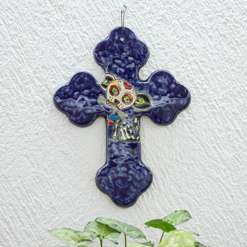 Novica Handmade Catrina Pup Ceramic Wall Cross