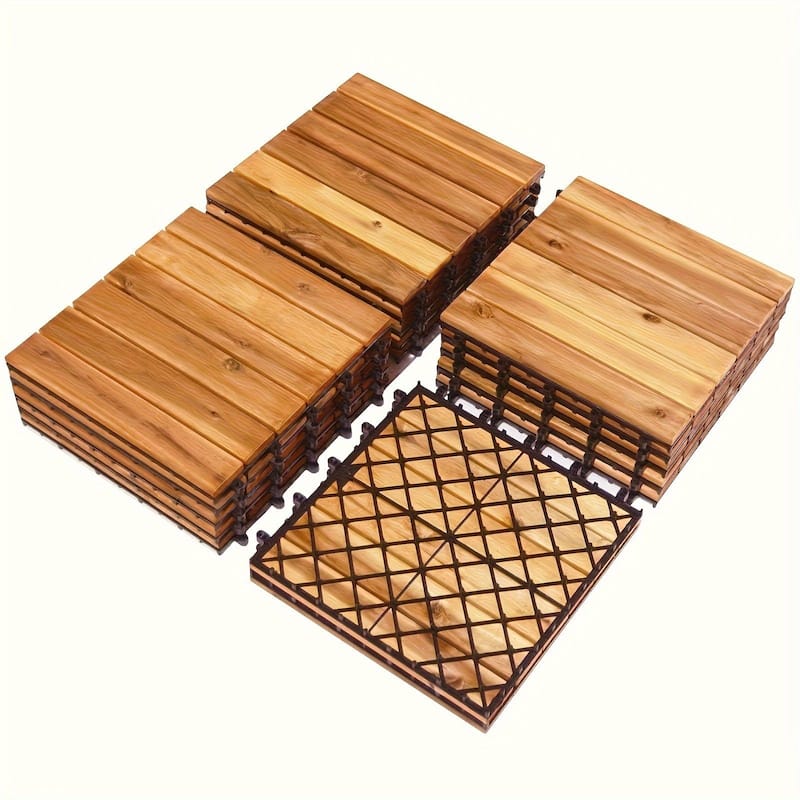27pcs Interlocking Patio Deck Tiles 11.8 x 11.8in Wood Floor Tiles Outdoor Flooring for Patio Garden Deck Poolside - Acacia Wood
