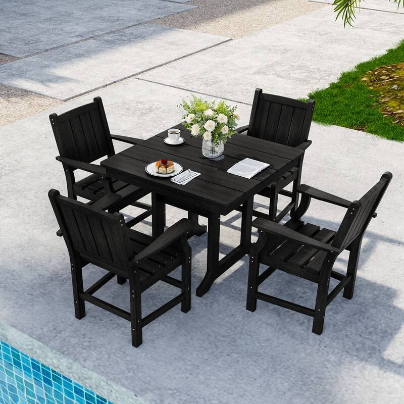 Black 5/7-Piece HDPE Plastic Patio Outdoor Dining Set with Arm Chairs - 5 Pieces