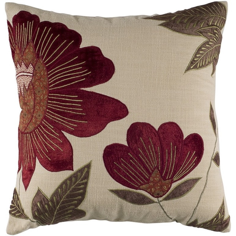 HomeRoots 18" Beige and Red Floral Throw Pillow With Embroidery