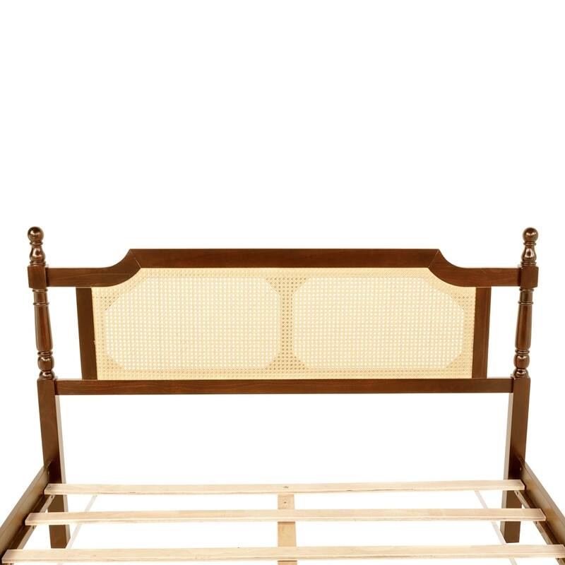 Queen Pine wooden Bed with Rattan Headboard and Footboard