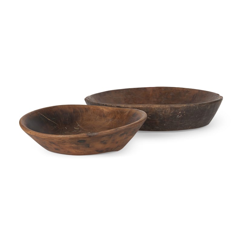 Nikita Set of 2 Large Black-Brown Reclaimed Wood Bowls - 20.0L x 20.0W x 5.0H - Medium Brown