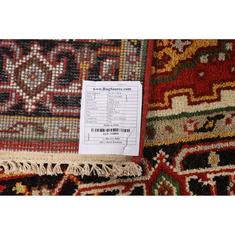 Orange Geometric Heriz Serapi Indian Rug Hand-Knotted Wool Carpet - 4'1" x 5'11"