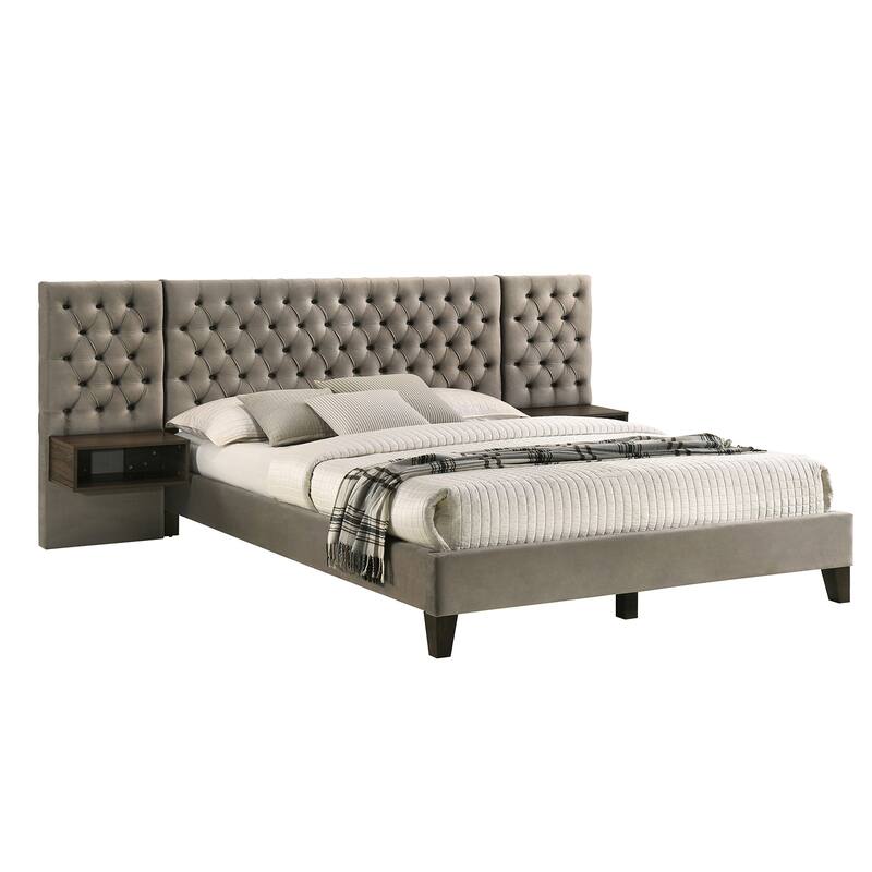 Upholstered Wall Panel Bed with 2 Floating Nightstands in Light Brown
