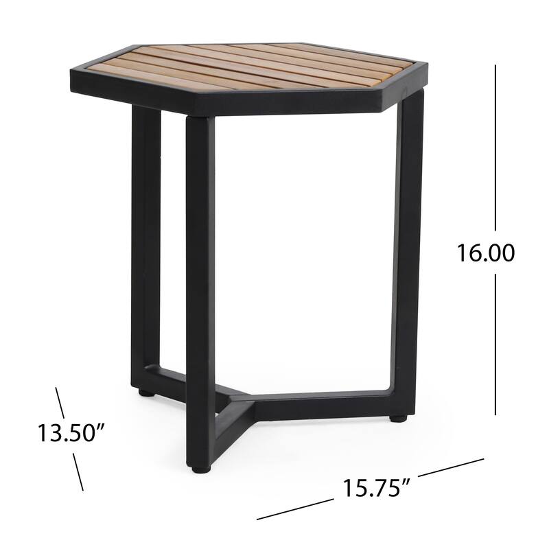 Roomfitters Outdoor Accent Side Table with Durable Metal Base and Teak-Style Surface, Beige