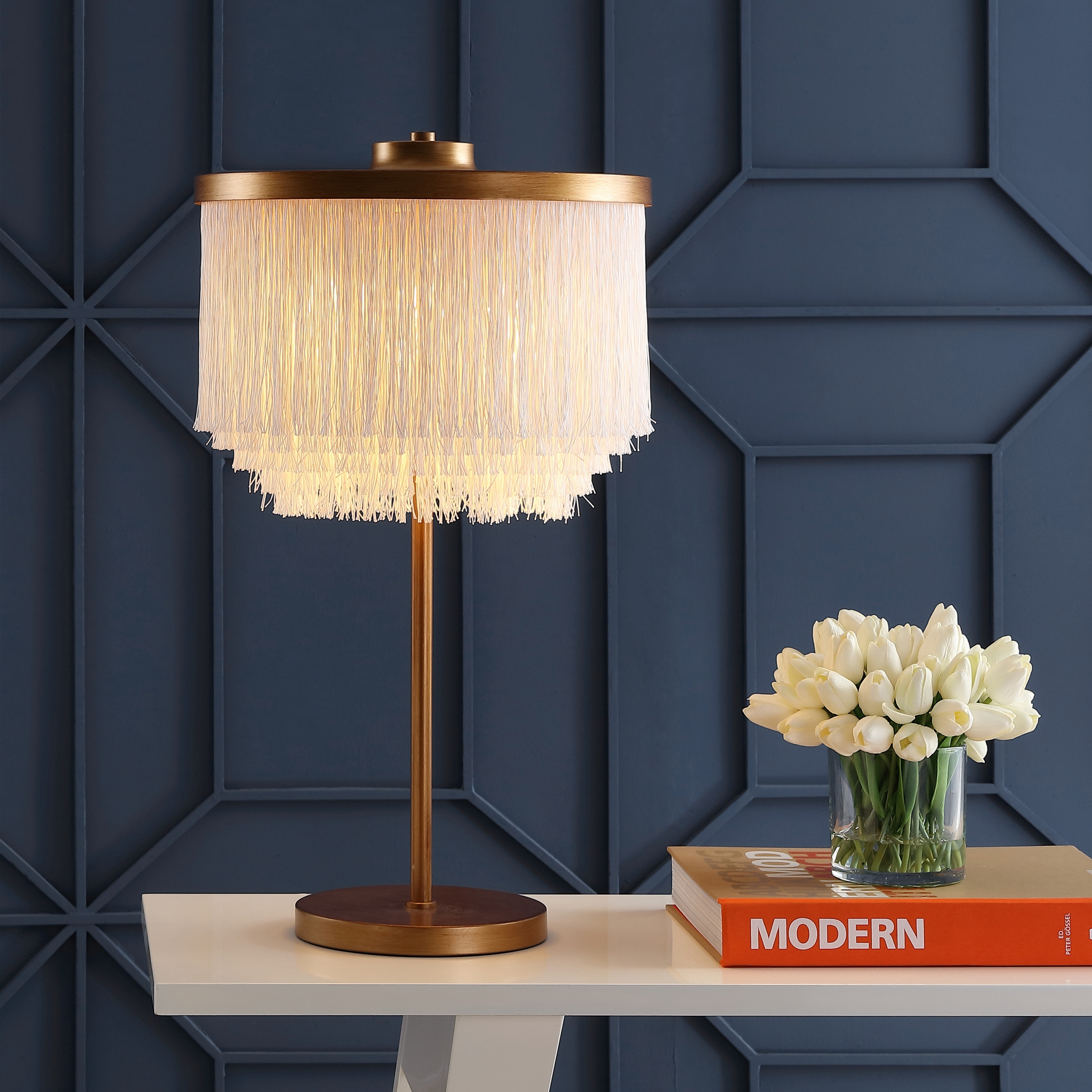 JONATHAN Y Adam 27.5" Fringed/Metal LED Table Lamp, Gold/White