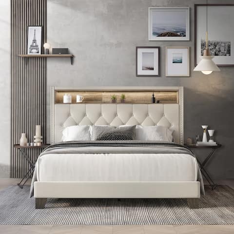 CraftPorch Glam Linen Button Tufted LED Glow Upholstered Bookcase Bed