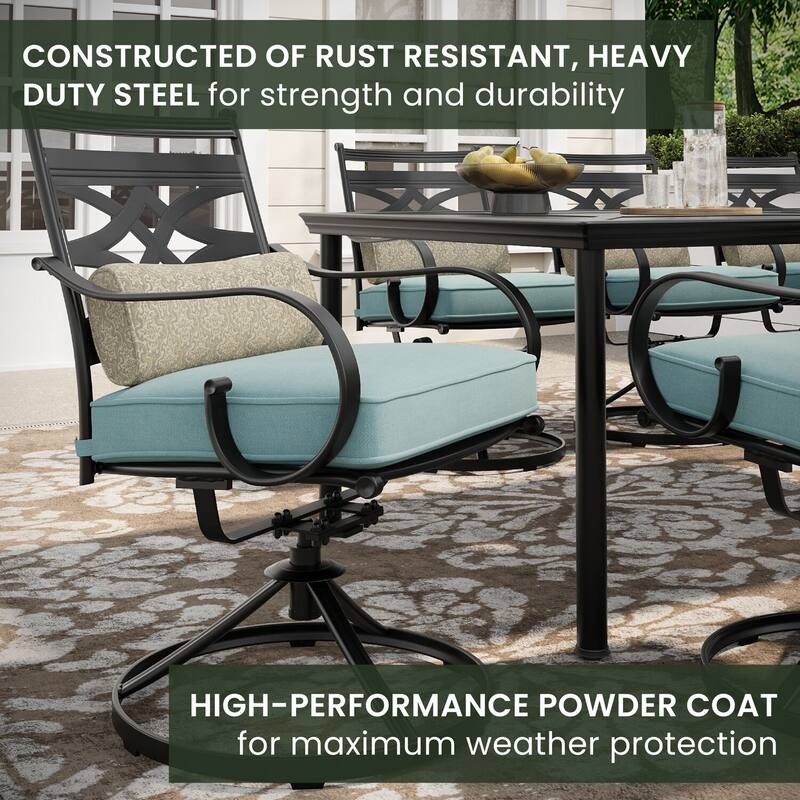 Hanover Montclair 9-Piece Dining Set in Ocean Blue with 8 Swivel Rockers and a 42-In. x 84-In. Table