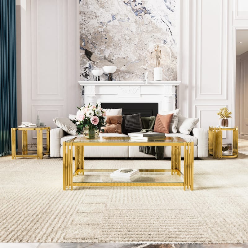 19.9" Modern Transparent Glass End Table for Living Room, Square,Asymmetrical Metal, Gold Finish & Lower Shelf