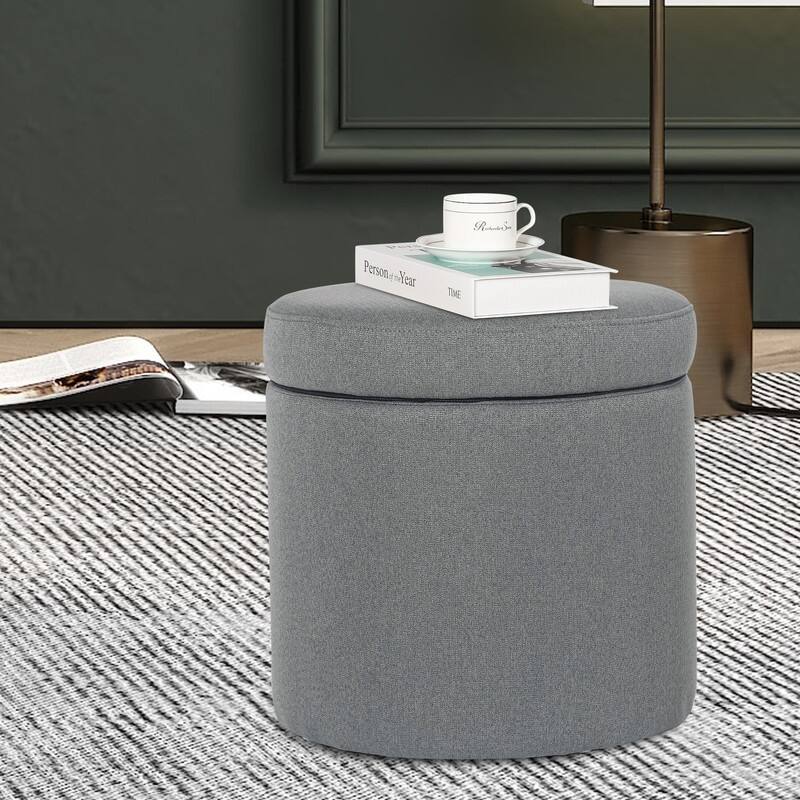 Adeco Round Storage Ottoman, Fabric Stool Footrest with Removable Lid