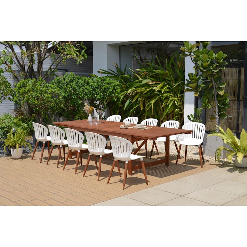 Amazonia Myers FSC Certified Wood 11pc Outdoor Dining Patio Set - White Sidechairs - Dark Wood