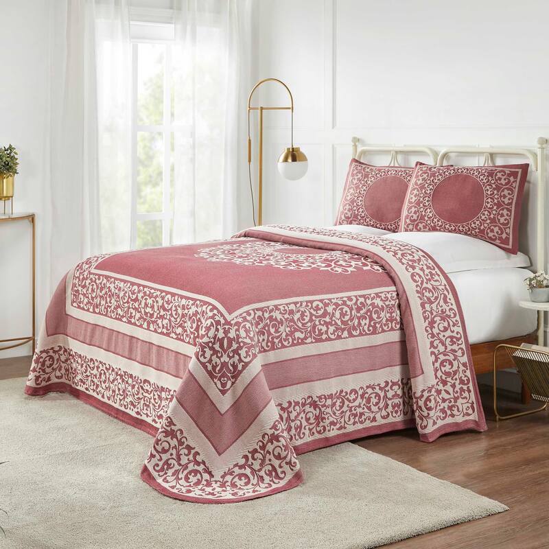 Cotton Blend Oversized Vintage Floral Scroll Bedspread Set by Superior - Berry Red - Twin