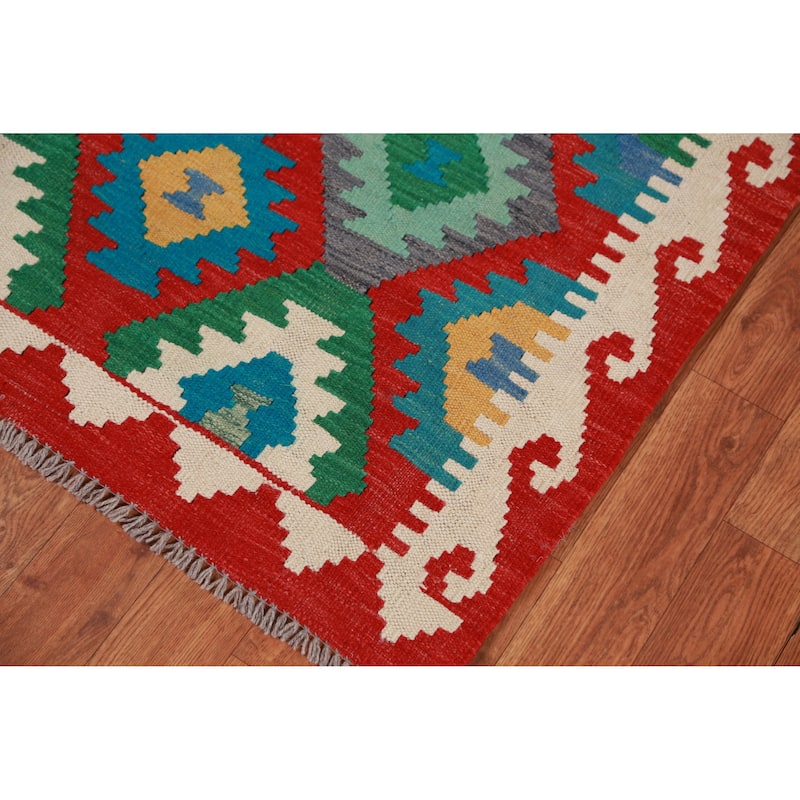 Hand Woven Oriental 100% Wool Carpet Southwestern All-Over Multi-Colored Kilim Runner Rug - 12' 10'' X 2' 9''