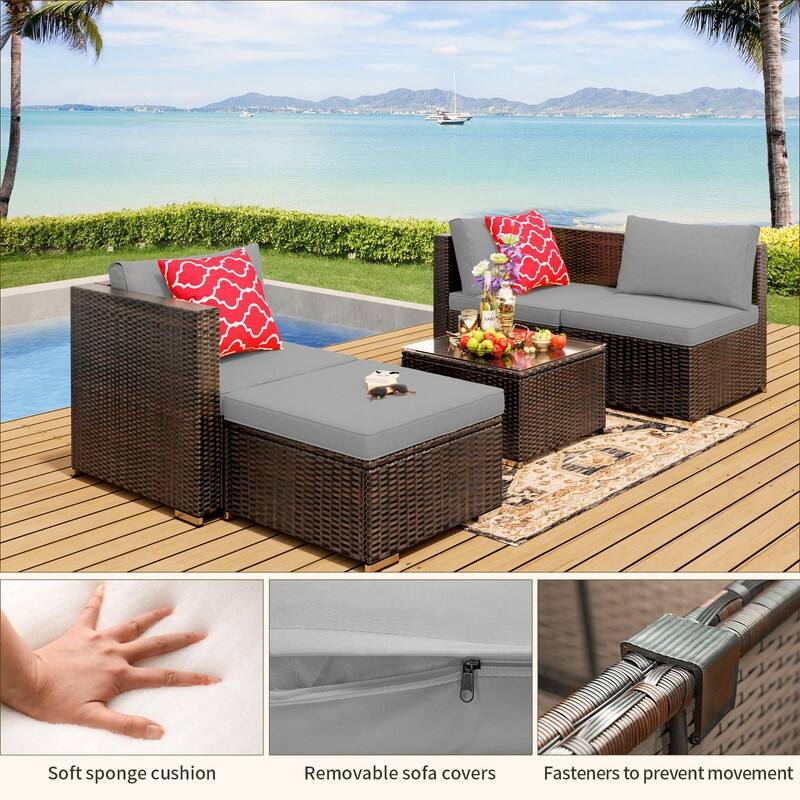 5-Pieces Outdoor Sectional Set, Patio Conversation Set, Rattan Sectional Sofa Set with Coffee Table