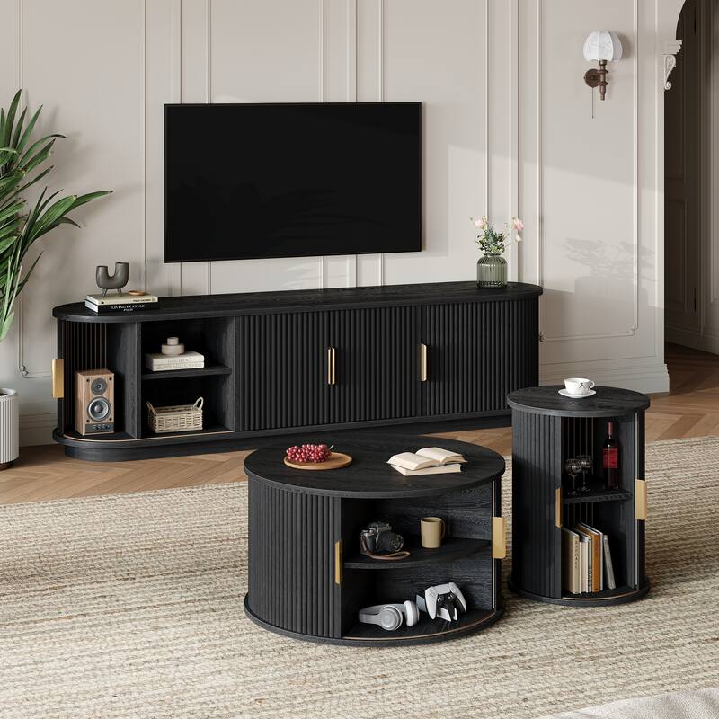 Fluted Sliding Door TV Stand & Coffee Table Set, Wooden Media Cabinet TV Console for TVs up to 75", 3-Piece Living Room Set