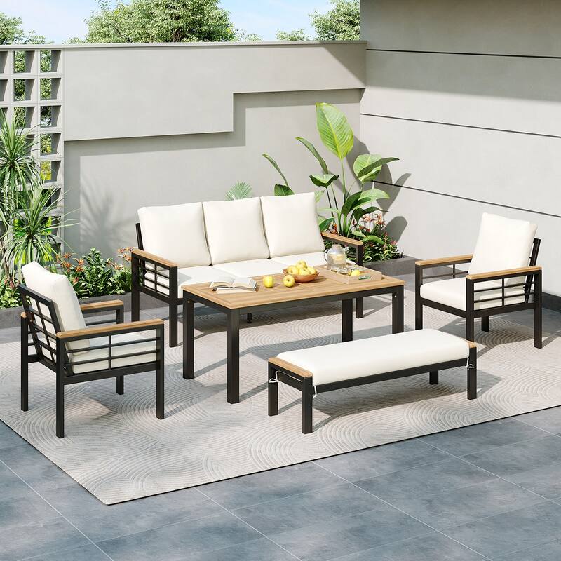 5-Piece Patio Furniture Set, 3-Seat Sofa with Cushions for Backyard - Black