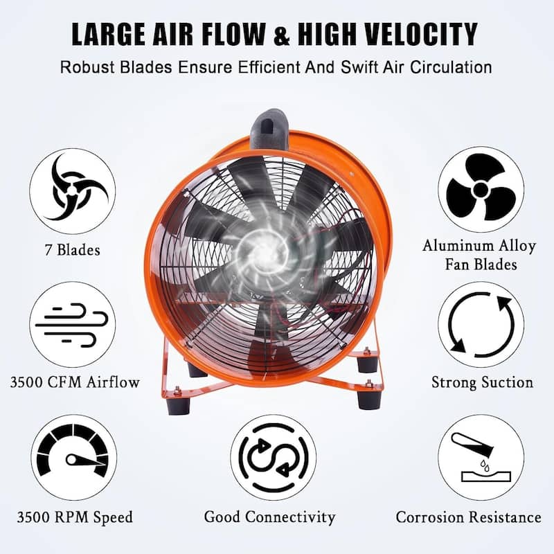 12 Inch 3500 CFM Heavy Duty Utility Blower Fan, Portable Industrial Exhaust Fan with 32.8ft Vinyl Hose