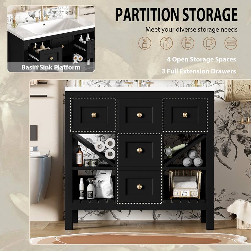 Modern 36" Bathroom Vanity with Resin Sink, 5 Drawers, Soft-Close Doors, Solid Wood Frame for Bathroom Storage
